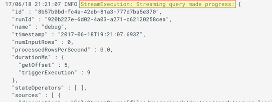 A streaming query listener event in Spark’s driver logs